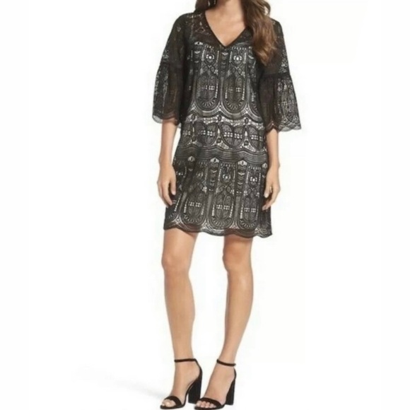 Kobi Halperin Gaia Guipure Lace V Neck Mini Dress MISSING SLIP Black Cocktail - Picture 1 of 7